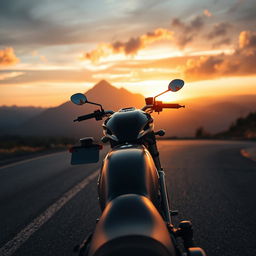 A heavy motorcycle viewed from a distance on a winding road, with a majestic mountain backdrop or a beautiful city skyline during a stunning sunset