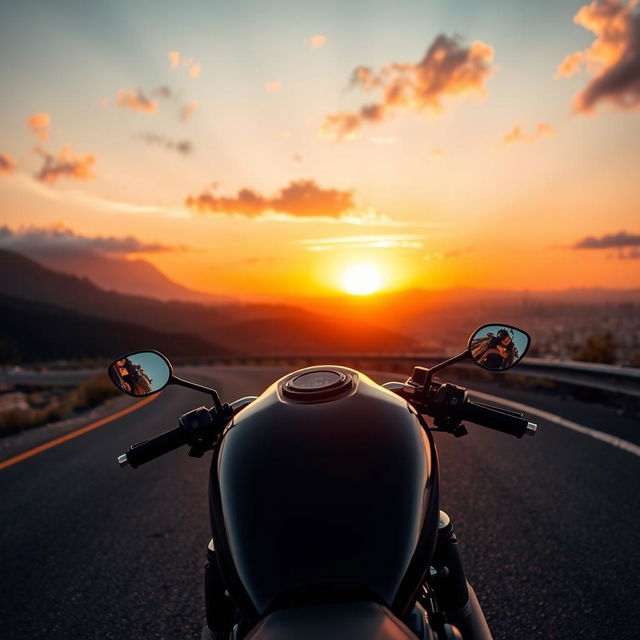 A heavy motorcycle viewed from a distance on a winding road, with a majestic mountain backdrop or a beautiful city skyline during a stunning sunset