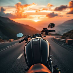 A heavy motorcycle viewed from a distance on a winding road, with a majestic mountain backdrop or a beautiful city skyline during a stunning sunset