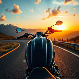 A heavy motorcycle viewed from a distance on a winding road, with a majestic mountain backdrop or a beautiful city skyline during a stunning sunset