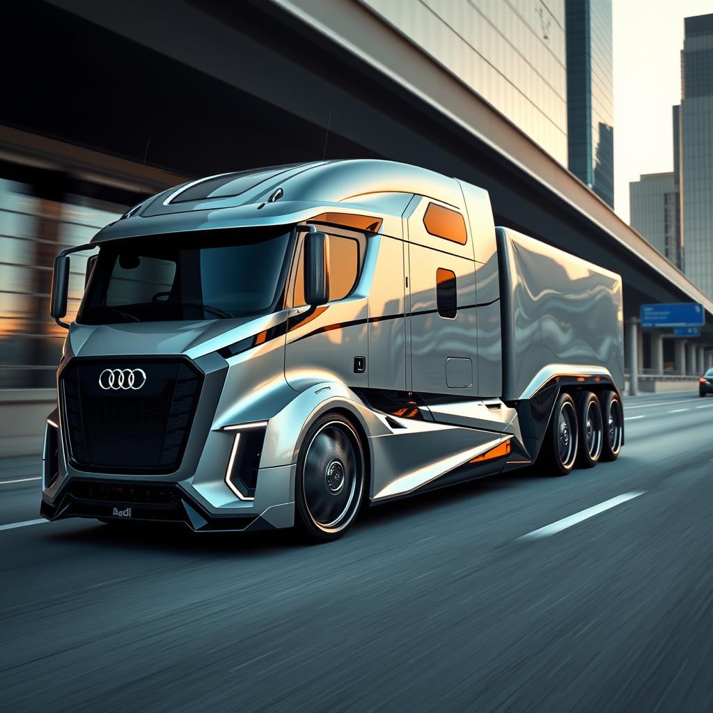 A custom cutting-edge semi-truck featuring Audi-inspired rims and wheels, designed with a sleek and innovative aesthetic