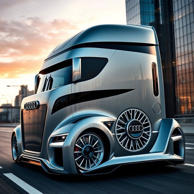 A custom cutting-edge semi-truck featuring Audi-inspired rims and wheels, designed with a sleek and innovative aesthetic