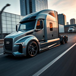 A custom cutting-edge semi-truck featuring Audi-inspired rims and wheels, designed with a sleek and innovative aesthetic