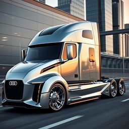 A custom cutting-edge semi-truck featuring Audi-inspired rims and wheels, designed with a sleek and innovative aesthetic