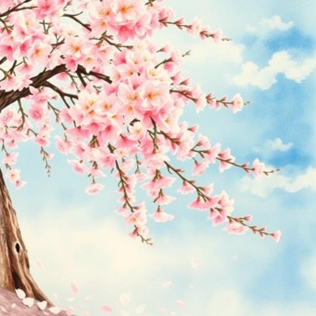 A beautiful watercolor painting of a cherry blossom tree in full bloom, with delicate pink and white flowers cascading from the branches