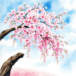 A beautiful watercolor painting of a cherry blossom tree in full bloom, with delicate pink and white flowers cascading from the branches