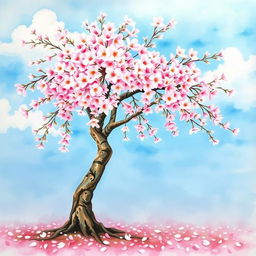 A beautiful watercolor painting of a cherry blossom tree in full bloom, with delicate pink and white flowers cascading from the branches