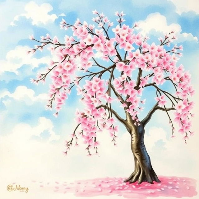 A beautiful watercolor painting of a cherry blossom tree in full bloom, with delicate pink and white flowers cascading from the branches