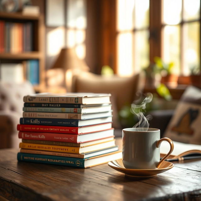 A cozy and inviting scene featuring a stack of colorful books arranged neatly on a wooden table