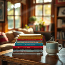 A cozy and inviting scene featuring a stack of colorful books arranged neatly on a wooden table
