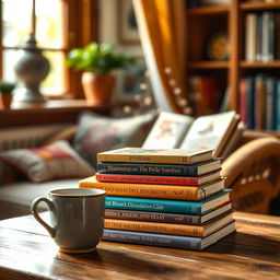 A cozy and inviting scene featuring a stack of colorful books arranged neatly on a wooden table