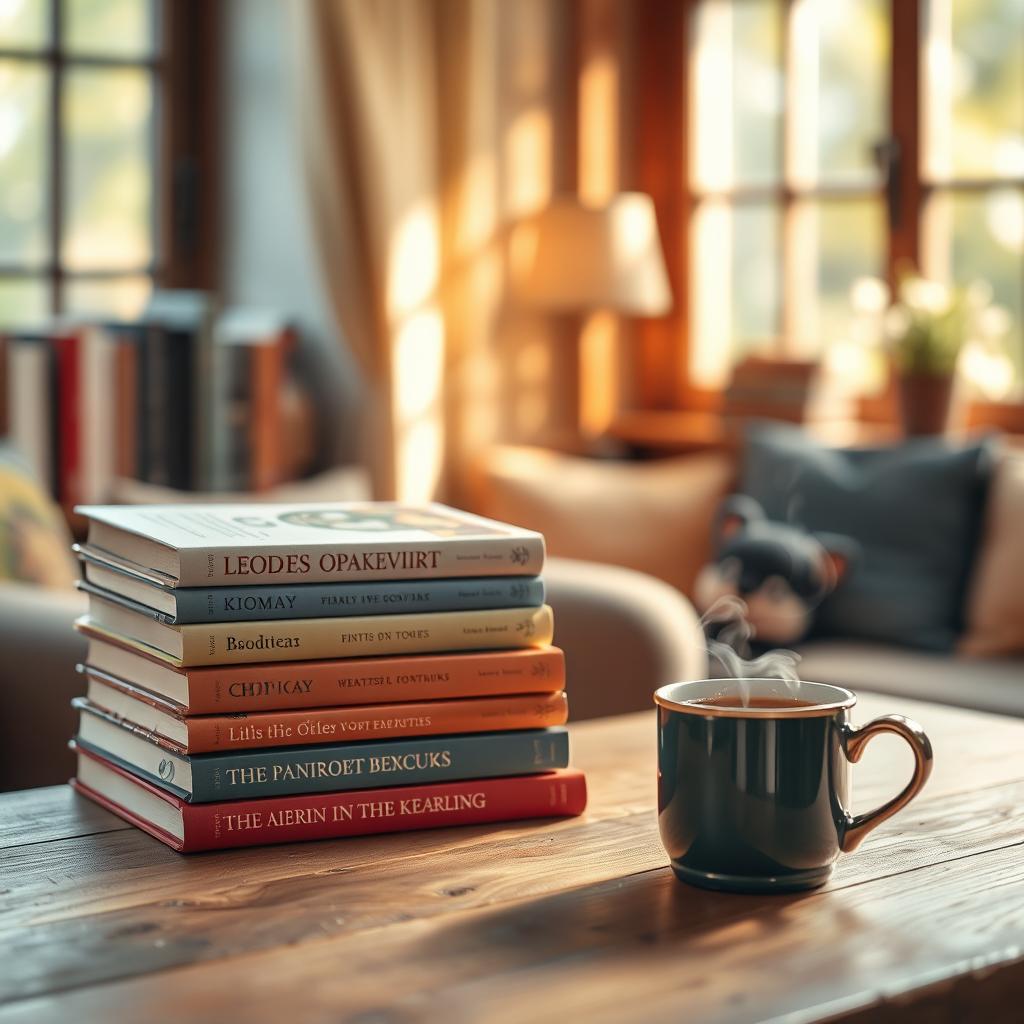 A cozy and inviting scene featuring a stack of colorful books arranged neatly on a wooden table