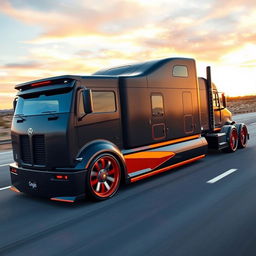 A custom cutting-edge semi-truck featuring Challenger-inspired rims and wheels, designed with a bold and aggressive aesthetic