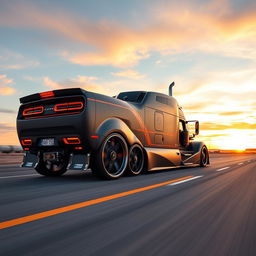 A custom cutting-edge semi-truck featuring Challenger-inspired rims and wheels, designed with a bold and aggressive aesthetic