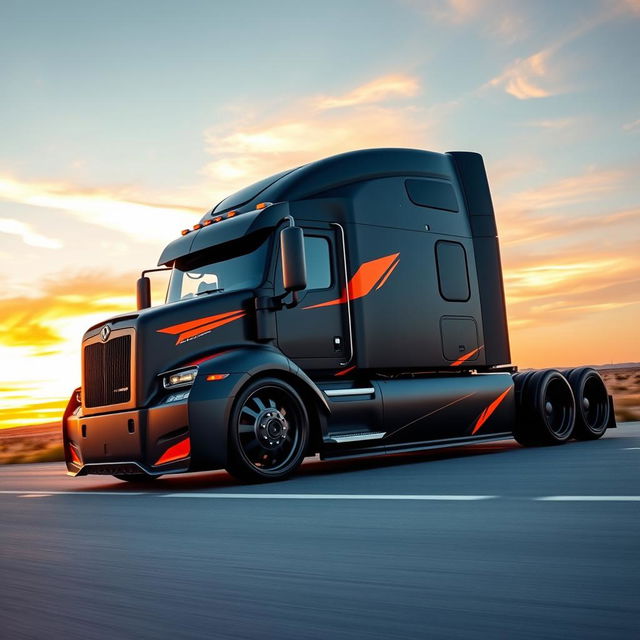 A custom cutting-edge semi-truck featuring Challenger-inspired rims and wheels, designed with a bold and aggressive aesthetic