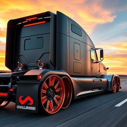 A custom cutting-edge semi-truck featuring Challenger-inspired rims and wheels, designed with a bold and aggressive aesthetic