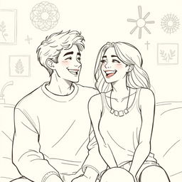 A detailed drawing of a happy couple sharing a joyful moment, sitting closely together