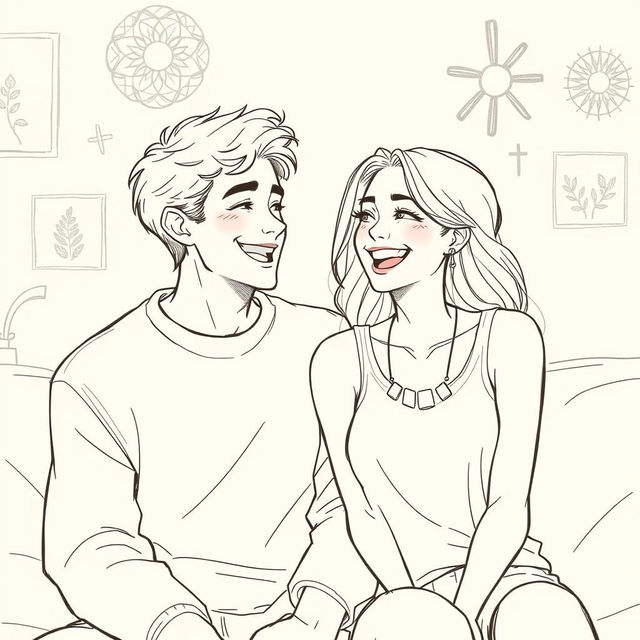 A detailed drawing of a happy couple sharing a joyful moment, sitting closely together