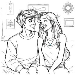 A detailed drawing of a happy couple sharing a joyful moment, sitting closely together