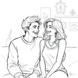 A detailed drawing of a happy couple sharing a joyful moment, sitting closely together