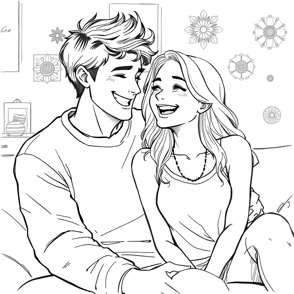 A detailed drawing of a happy couple sharing a joyful moment, sitting closely together