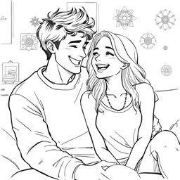 A detailed drawing of a happy couple sharing a joyful moment, sitting closely together