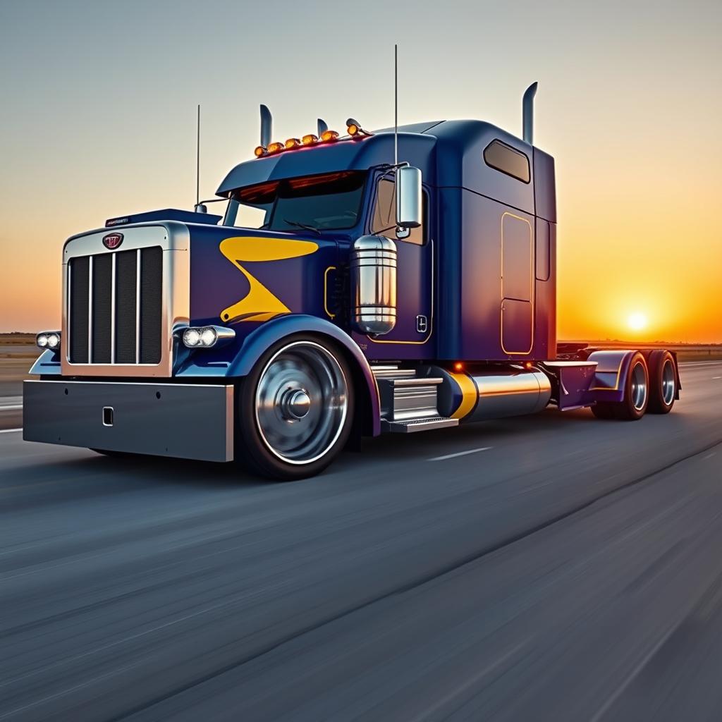 A custom cutting-edge semi-truck featuring Challenger-inspired rims and wheels, showcasing a robust and aggressive design