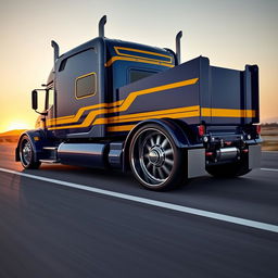 A custom cutting-edge semi-truck featuring Challenger-inspired rims and wheels, showcasing a robust and aggressive design