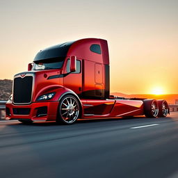 A custom cutting-edge semi-truck featuring Challenger rims and wheels, characterized by a bold and aggressive look