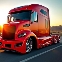A custom cutting-edge semi-truck featuring Challenger rims and wheels, characterized by a bold and aggressive look