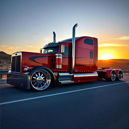 A custom cutting-edge semi-truck featuring Challenger rims and wheels, characterized by a bold and aggressive look
