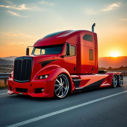 A custom cutting-edge semi-truck featuring Challenger rims and wheels, characterized by a bold and aggressive look