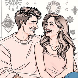 A detailed color drawing of a happy couple sharing a joyful moment, sitting closely together