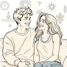 A detailed color drawing of a happy couple sharing a joyful moment, sitting closely together