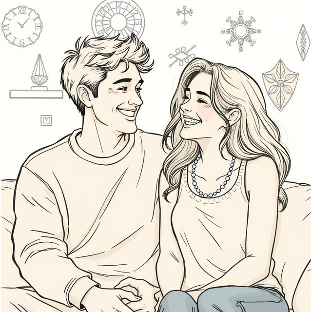 A detailed color drawing of a happy couple sharing a joyful moment, sitting closely together