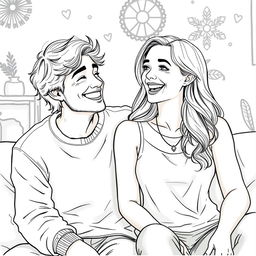 A detailed color drawing of a happy couple sharing a joyful moment, sitting closely together