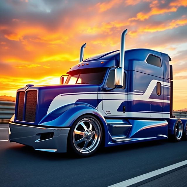 A custom cutting-edge semi-truck featuring Mustang-inspired rims and wheels, showcasing a sleek and aerodynamic design