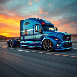 A custom cutting-edge semi-truck featuring Mustang-inspired rims and wheels, showcasing a sleek and aerodynamic design