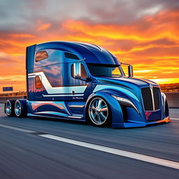 A custom cutting-edge semi-truck featuring Mustang-inspired rims and wheels, showcasing a sleek and aerodynamic design