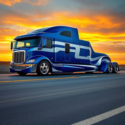 A custom cutting-edge semi-truck featuring Mustang-inspired rims and wheels, showcasing a sleek and aerodynamic design