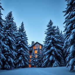 A luxurious penthouse surrounded by a deep forest of majestic pine trees blanketed in fresh snow