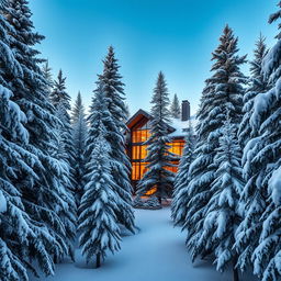 A luxurious penthouse surrounded by a deep forest of majestic pine trees blanketed in fresh snow