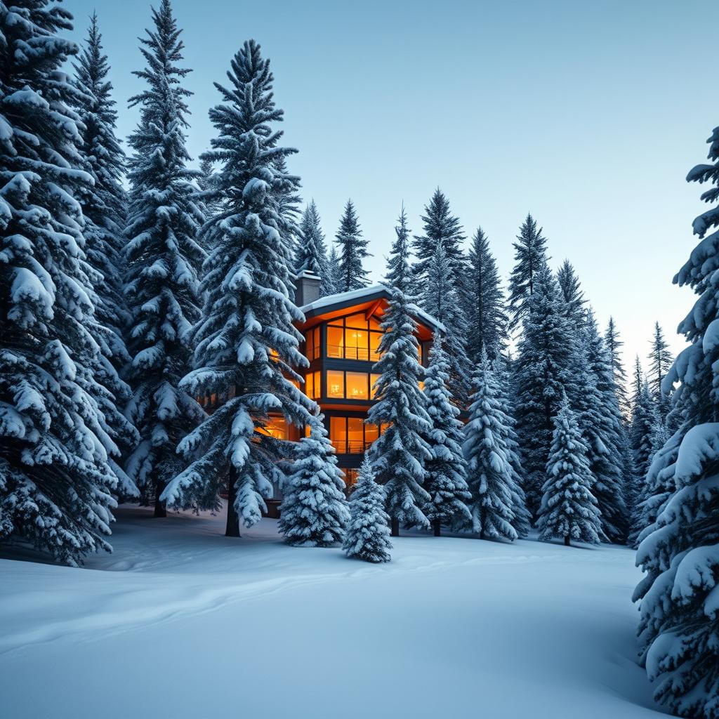 A luxurious penthouse surrounded by a deep forest of majestic pine trees blanketed in fresh snow