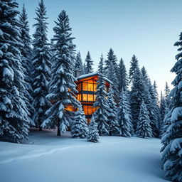 A luxurious penthouse surrounded by a deep forest of majestic pine trees blanketed in fresh snow