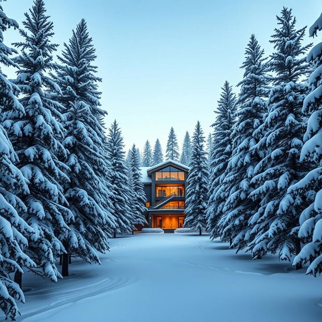 A luxurious penthouse surrounded by a deep forest of majestic pine trees blanketed in fresh snow