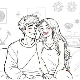 A color drawing of a happy couple sharing a joyful moment, sitting closely together