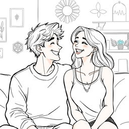 A color drawing of a happy couple sharing a joyful moment, sitting closely together