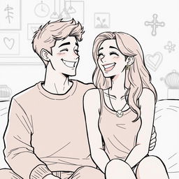 A color drawing of a happy couple sharing a joyful moment, sitting closely together