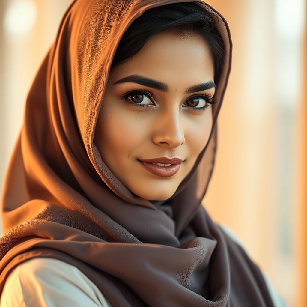 A beautiful Pakistani woman wearing an elegant hijab, showcasing a graceful and confident pose