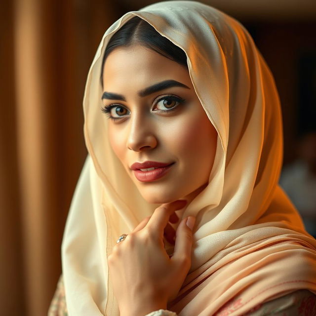 A beautiful Pakistani woman wearing an elegant hijab, showcasing a graceful and confident pose